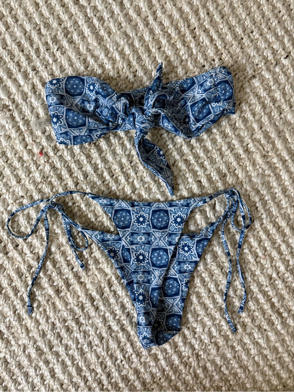 Blue Tile-Print Tie-Side Bikini Set